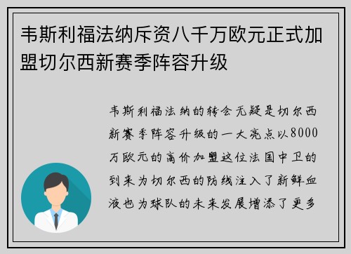 韦斯利福法纳斥资八千万欧元正式加盟切尔西新赛季阵容升级