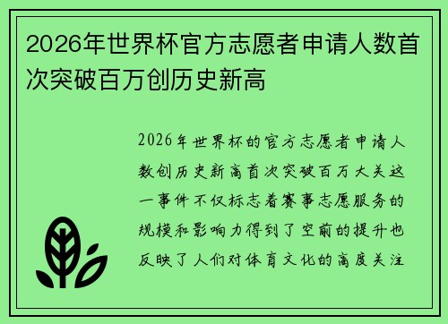 2026年世界杯官方志愿者申请人数首次突破百万创历史新高