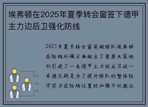 埃弗顿在2025年夏季转会窗签下德甲主力边后卫强化防线